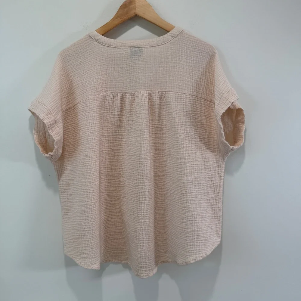 Beachy Gauze Cotton Womens Henley Top Size 2X Light Peach Short Sleeve Crinkle
